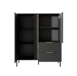 Komoda wysoka Lars 2D2S w kolorze antracyt z złotymi uchwytami i obrzeżem, nowoczesny design
