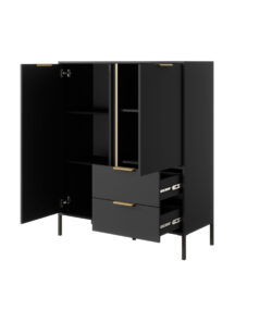Komoda wysoka Lars 2D2S w kolorze antracyt z złotymi uchwytami i obrzeżem, nowoczesny design
