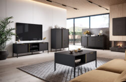 Komoda wysoka Lars 2D2S w kolorze antracyt z złotymi uchwytami i obrzeżem, nowoczesny design