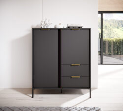 Komoda wysoka Lars 2D2S w kolorze antracyt z złotymi uchwytami i obrzeżem, nowoczesny design