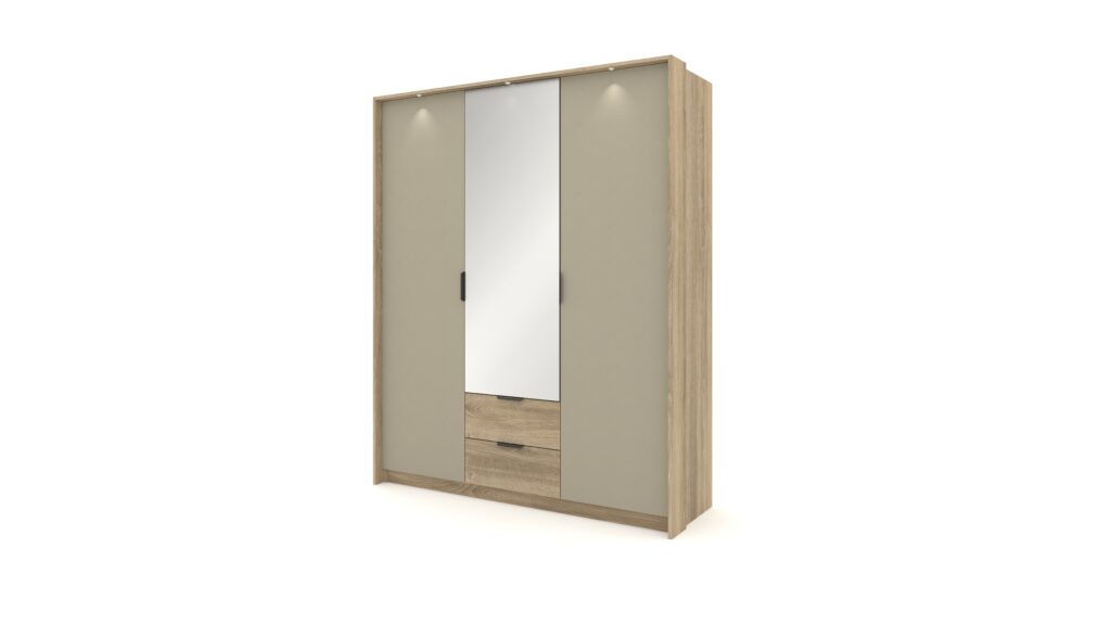 Szafa Letto 165 3D2S w kolorze dąb terra i szary kamienny z lustrem i czarnymi metalowymi uchwytami