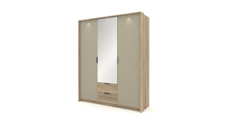 Szafa Letto 165 3D2S w kolorze dąb terra i szary kamienny z lustrem i czarnymi metalowymi uchwytami