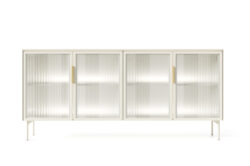 Komoda Lumi 181 4D LED w kolorze kaszmir z metalowymi nóżkami i złotymi uchwytami, oświetlenie LED