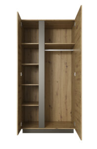 Szafa Arco 96 w białym połysku z otwartymi frontami, nowoczesny design z dębowym akcentem