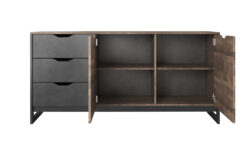 Komoda Arden 160 3S2D w stylu industrialnym z dębu i ciemnoszarego metalu, front z otwartymi drzwiami