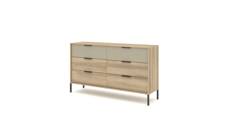 Komoda Letto 153 6S w odcieniach dębu terra i szarości kamiennej z metalowymi uchwytami