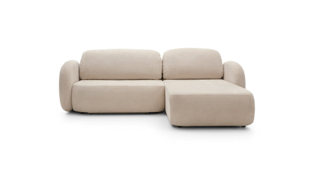 Narożnik rozkładany Olio w nowoczesnym stylu z miękkimi zaokrąglonymi kształtami i czarnymi nóżkami