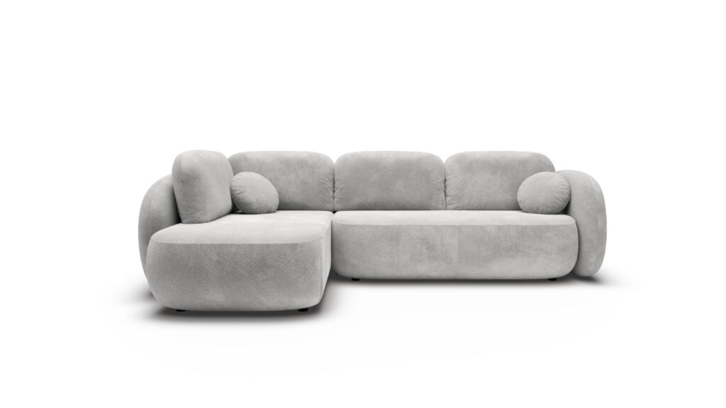 Narożnik rozkładany Olio II w jasnoszarej tkaninie z funkcją spania i pojemnikiem na pościel