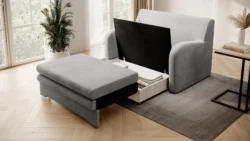 Sofa rozkładana Ario w tkaninie Nube-03, nowoczesny kompaktowy model z pojemnikiem na pościel