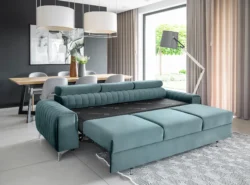 Kanapa rozkładana Laurence w tkaninie Monolith-76 z chromowanymi nogami, nowoczesny design do salonu