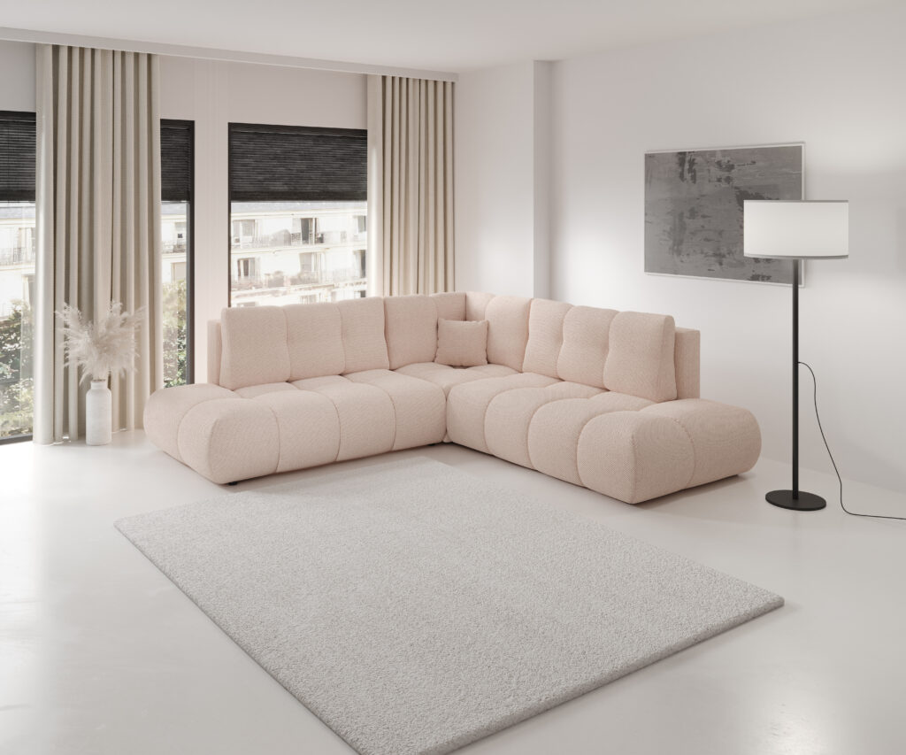 Narożnik rozkładany Soho II w nowoczesnym wnętrzu z tkaniną Curio 60 od Meble Wawrzyniak