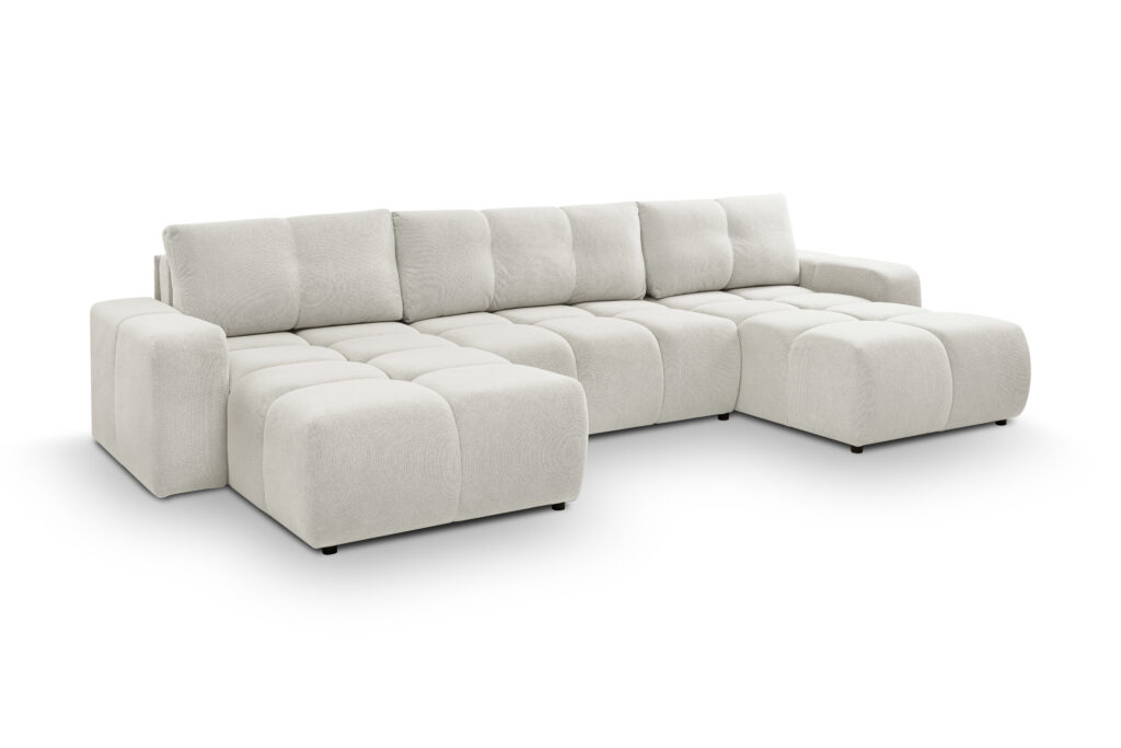 Narożnik U rozkładany Soho w tkaninie Curio 02 z dużymi poduszkami i niskimi czarnymi nóżkami