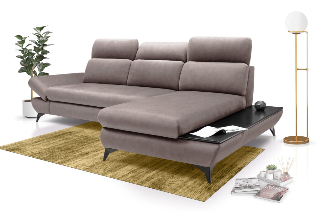 Narożnik rozkładany Titan w kolorze półaranzowym z regulowanymi zagłówkami i czarnymi metalowymi nóżkami