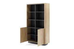 Regał Torro 2D w stylu japandi z jasnego dębu cremona i czarnymi detalami, bezuchwytowy, nowoczesny design