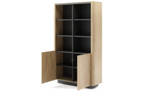 Regał Torro 2D w stylu japandi z jasnego dębu cremona i czarnymi detalami, bezuchwytowy, nowoczesny design