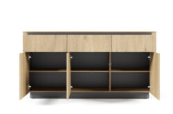 Komoda Torro 163 3S3D w stylu japandi z jasnego dębu cremona i czarnymi detalami, bezuchwytowa