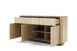 Komoda Torro 163 3S3D w stylu japandi z jasnego dębu cremona i czarnymi detalami, bezuchwytowa