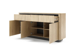 Komoda Torro 163 3S3D w stylu japandi z jasnego dębu cremona i czarnymi detalami, bezuchwytowa