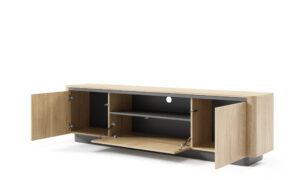 Szafka RTV Torro 200 3D w stylu japandi z jasnego dębu cremona i czarnymi detalami