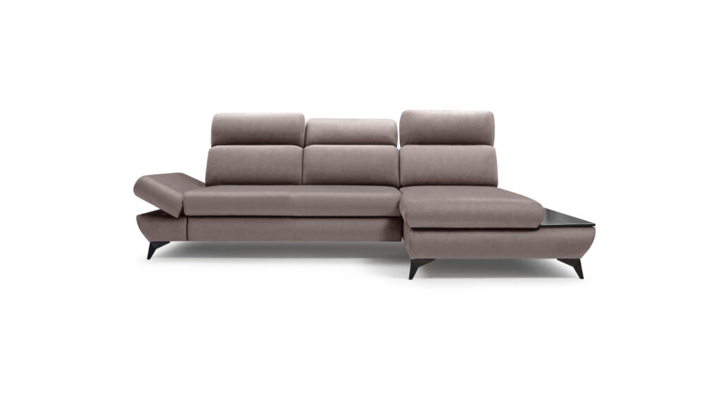 Narożnik rozkładany Titan w nowoczesnym stylu z czarnymi metalowymi nóżkami i regulowanymi zagłówkami