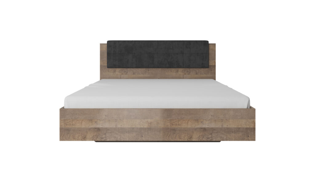 Łóżko tapicerowane Arden 160x200 w industrialnym stylu z dębowym wykończeniem i metalowymi nogami