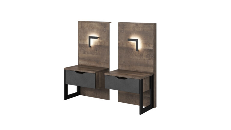 Stolik nocny Arden LED x2 w industrialnym stylu z dębu i ciemnoszarego metalu na tle ciemnego wnętrza