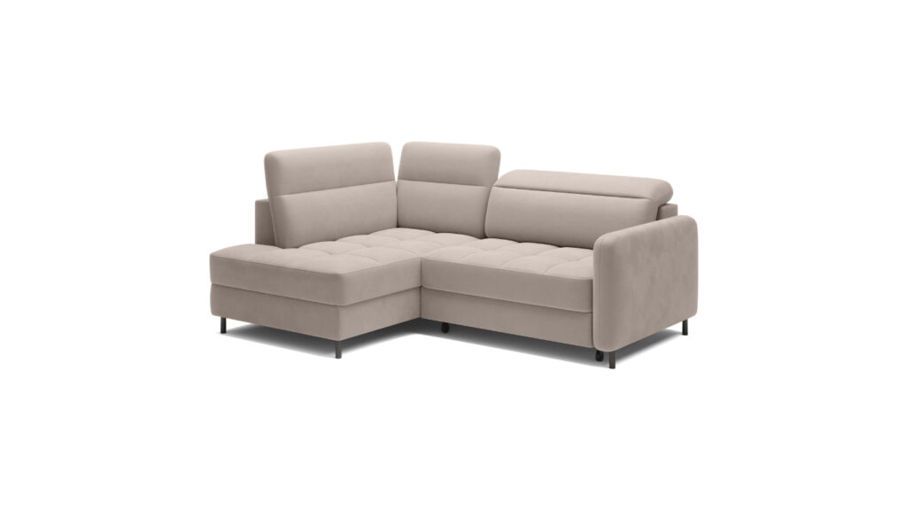 Narożnik rozkładany Barea w tkaninie Sola-18 z regulowanymi zagłówkami i czarnymi metalowymi nogami