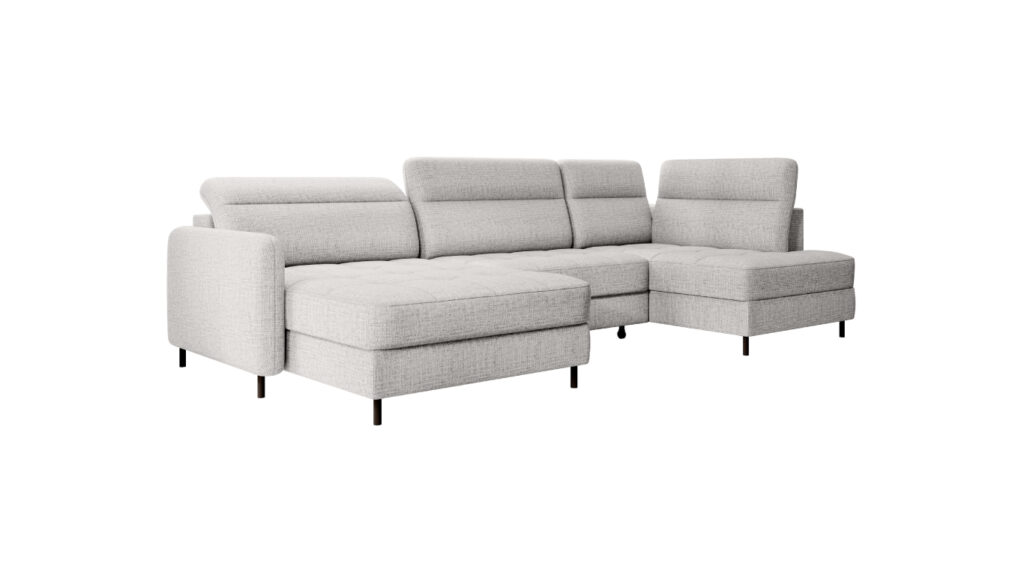 Narożnik U rozkładany Berrto w tkaninie Aubron-03 z czarnymi metalowymi nóżkami i regulowanymi zagłówkami