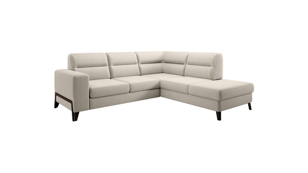 Narożnik rozkładany Cassara w tkaninie Inari-22 z czarnymi metalowymi nóżkami i pojemnikiem na pościel