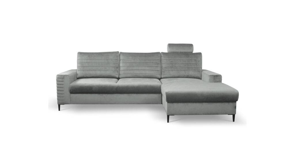 Narożnik rozkładany Collin w nowoczesnym stylu z oryginalnymi przeszyciami i pojemnikiem na pościel