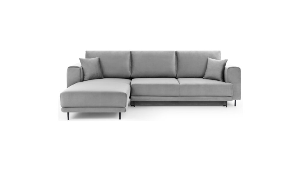 Narożnik rozkładany Dalia w jasnoszarym welurze, nowoczesny mebel do salonu z metalowymi nóżkami