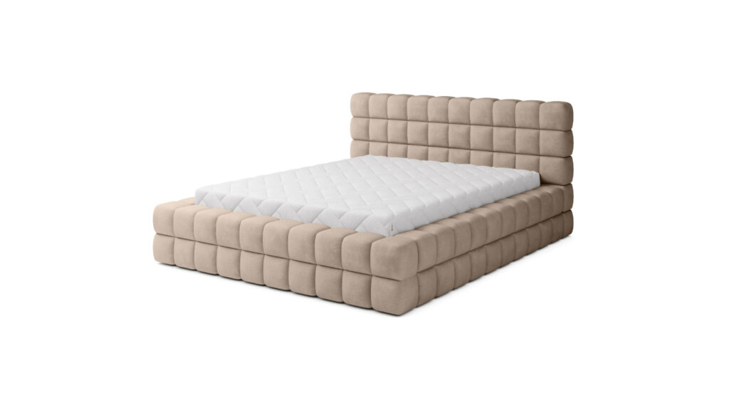 Łóżko tapicerowane Dizzle 140x200 w tkaninie Amore-03 z pojemnikiem na pościel i geometrycznym pikowaniem