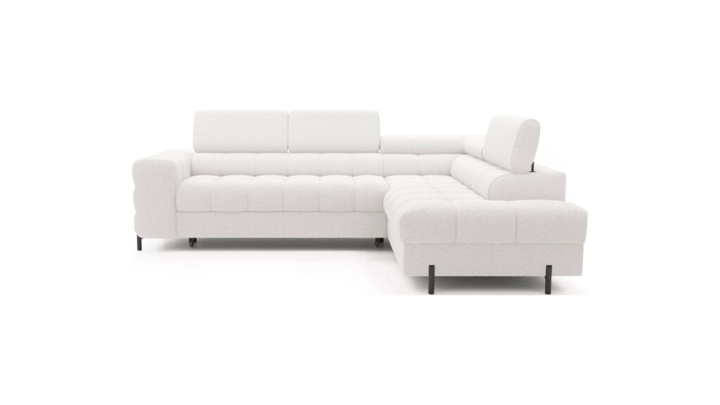 Narożnik rozkładany Ferucce w tkaninie Royal-01 z metalowymi nóżkami i regulowanymi zagłówkami