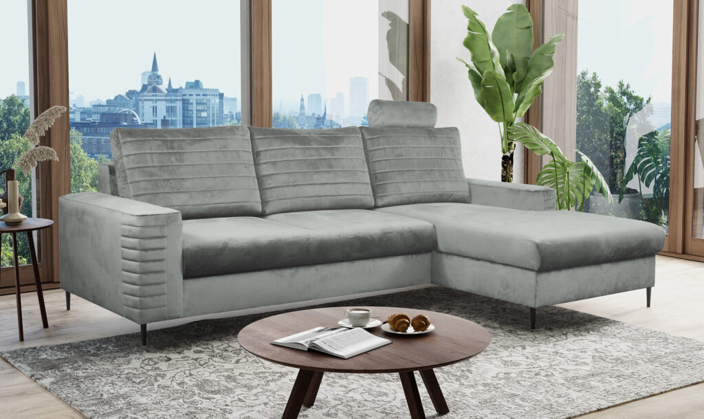 Narożnik rozkładany Collin w szarej tkaninie Velluto Grey z oryginalnymi przeszyciami
