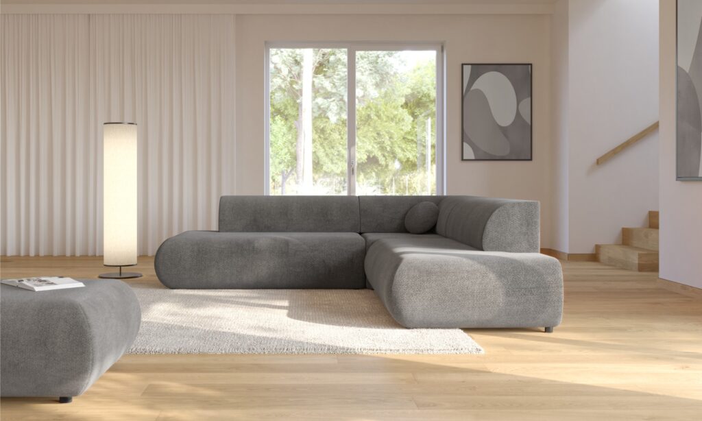 Narożnik rozkładany Puente II w nowoczesnym salonie, tapicerowany tkaniną w kolorze fabb vinci 14