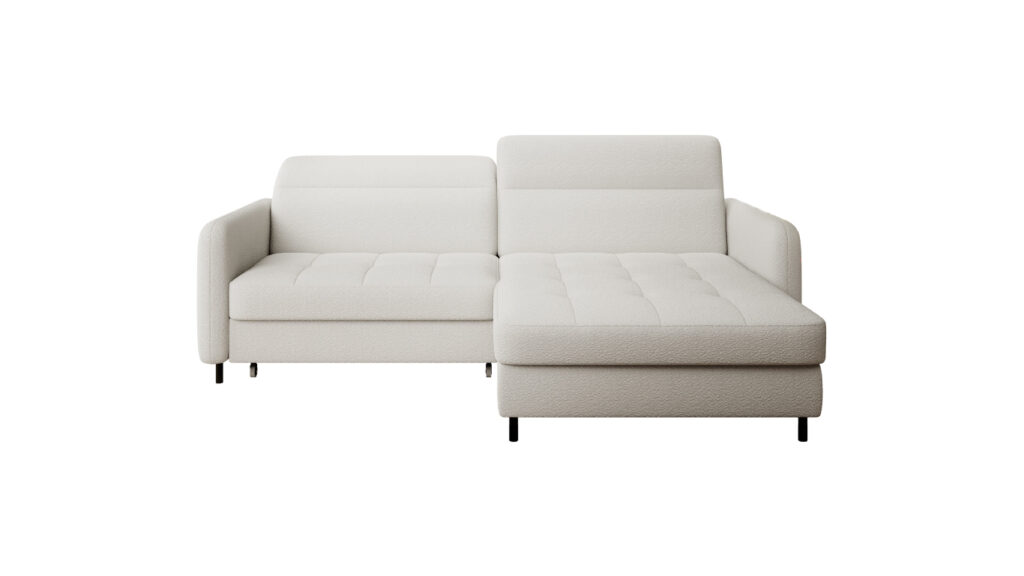 Narożnik rozkładany Gomsi w tkaninie Royal-01 z metalowymi nóżkami i pojemnikiem na pościel