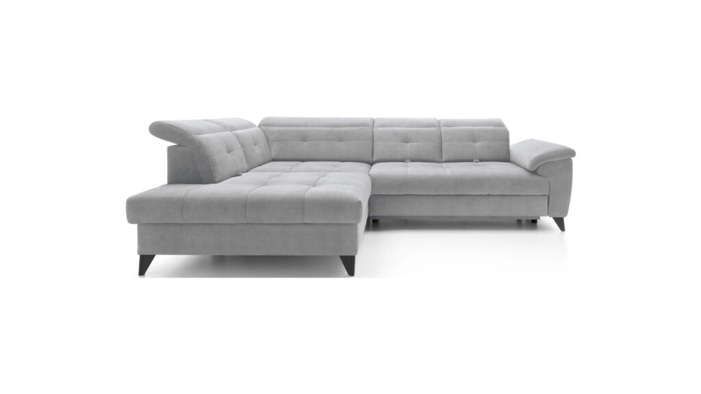 Narożnik rozkładany Inferne w tkaninie Aura-04 z regulowanymi zagłówkami i pojemnikiem na pościel