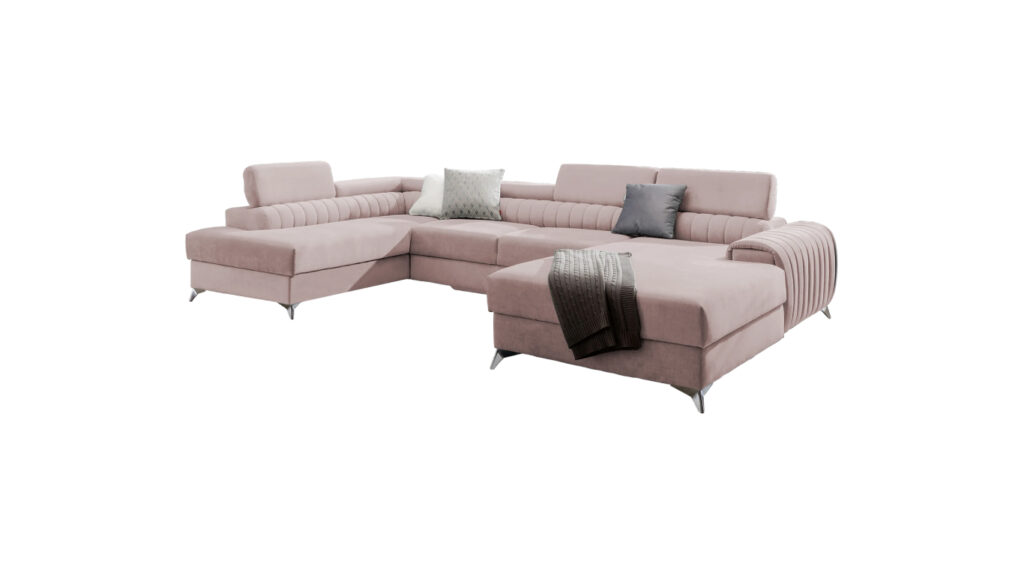 Narożnik U rozkładany Lacante w tkaninie Gojo-101 z regulowanymi zagłówkami i pojemnikiem na pościel