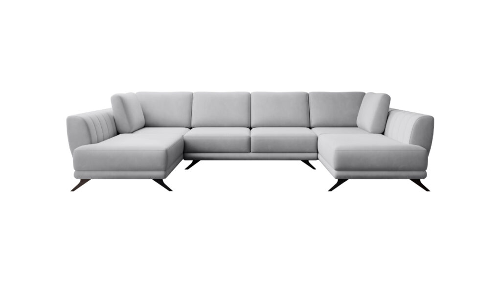 Narożnik U rozkładany Larco w tkaninie Sola-04 z czarnymi metalowymi nóżkami