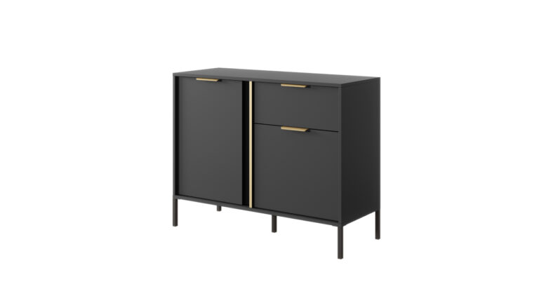 Komoda Lars 103 2D1S w antracytowym kolorze ze złotymi uchwytami i obrzeżem, nowoczesny design