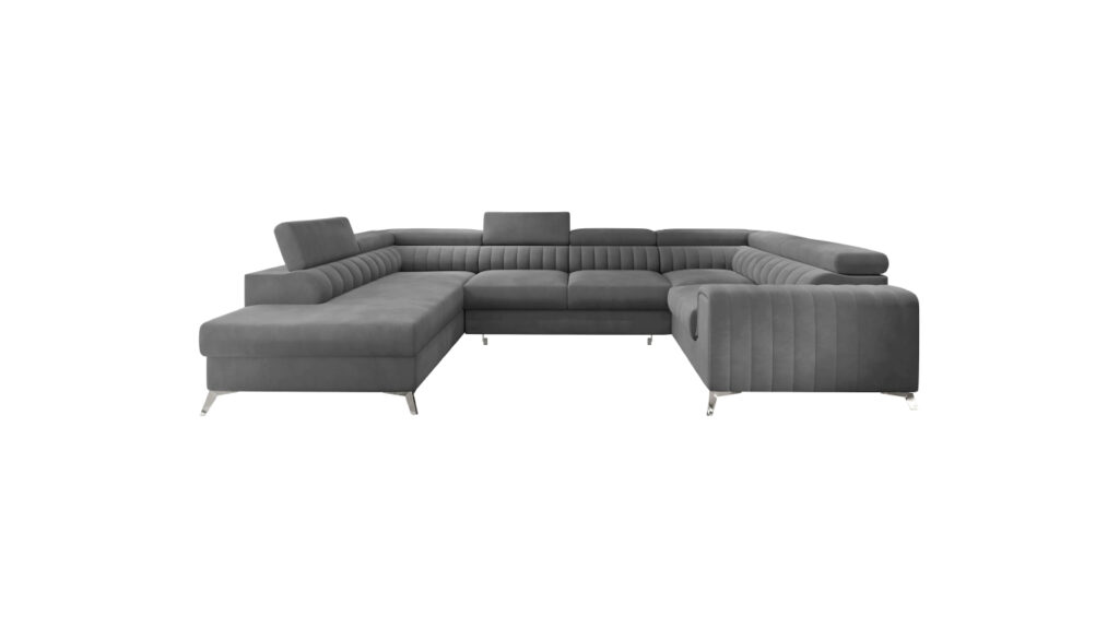 Narożnik U rozkładany Louis w tkaninie Velvetmat-04 z metalowymi nóżkami na jasnym tle