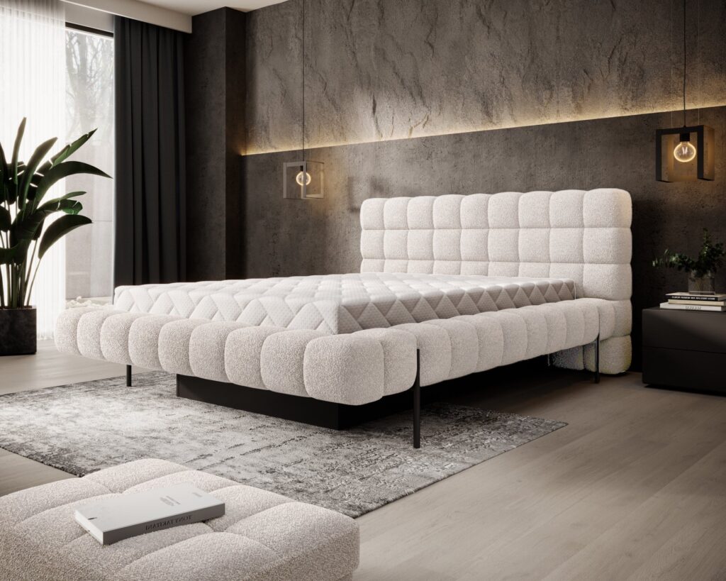 Łóżko tapicerowane Magentta 140x200 w beżowej tkaninie Royal-18 z pikowanym zagłówkiem i pojemnikiem na pościel