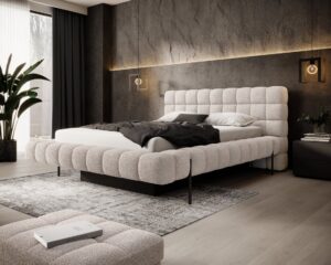 Beżowe łóżko kontynentalne Magentta Royal18 z eleganckim tapicerowanym zagłówkiem pod skosem