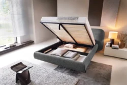 Łóżko tapicerowane Pointt 140x200 w szarej tkaninie Breona-04 z pojemnikiem na pościel i metalowym stelażem