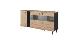 Komoda Madis 3D z witryną w kolorze antracyt z złotymi uchwytami i obrzeżem, nowoczesny design