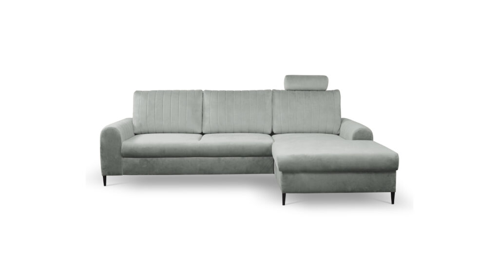 Narożnik rozkładany Monaco w stylu glamour z czarnymi nóżkami i przeszyciami, dostępny w różnych kolorach tkanin