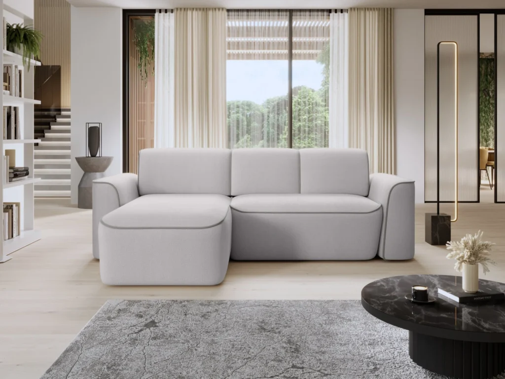 Beżowy narożnik elektryczny rozkładany Ume w kształcie litery L w nowoczesnym salonie