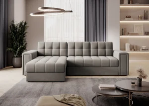 Narożnik rozkładany Blenvi w tkaninie Sola-18 beżowy z funkcją spania i pojemnikiem na pościel