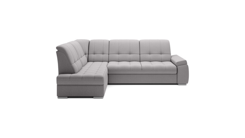 Narożnik rozkładany Sado w tkaninie Gojo-04 z pikowanym oparciem i srebrnymi drewnianymi nóżkami