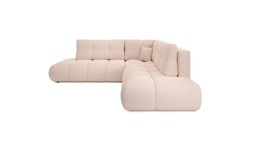 Narożnik rozkładany Soho II w nowoczesnym stylu z miękkimi poduszkami i czarnymi nóżkami